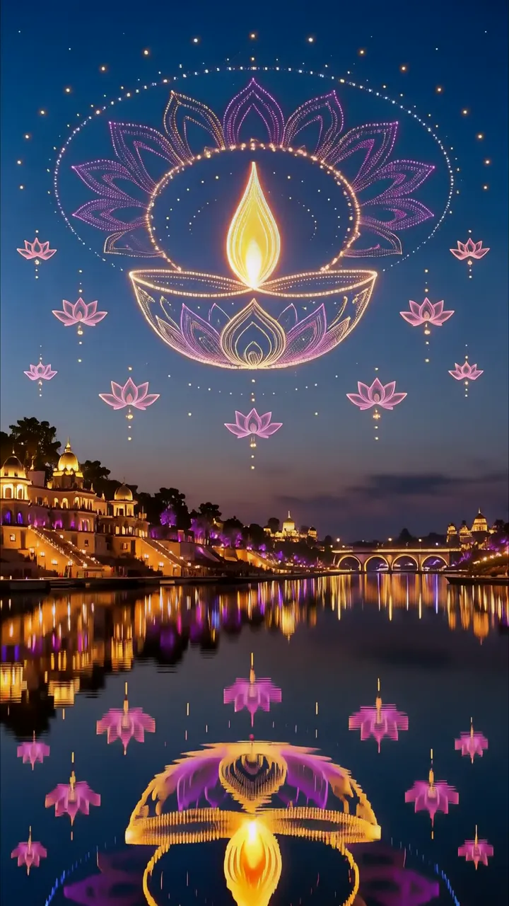 Diwali Festival Diya With Lotus And River Reflection
