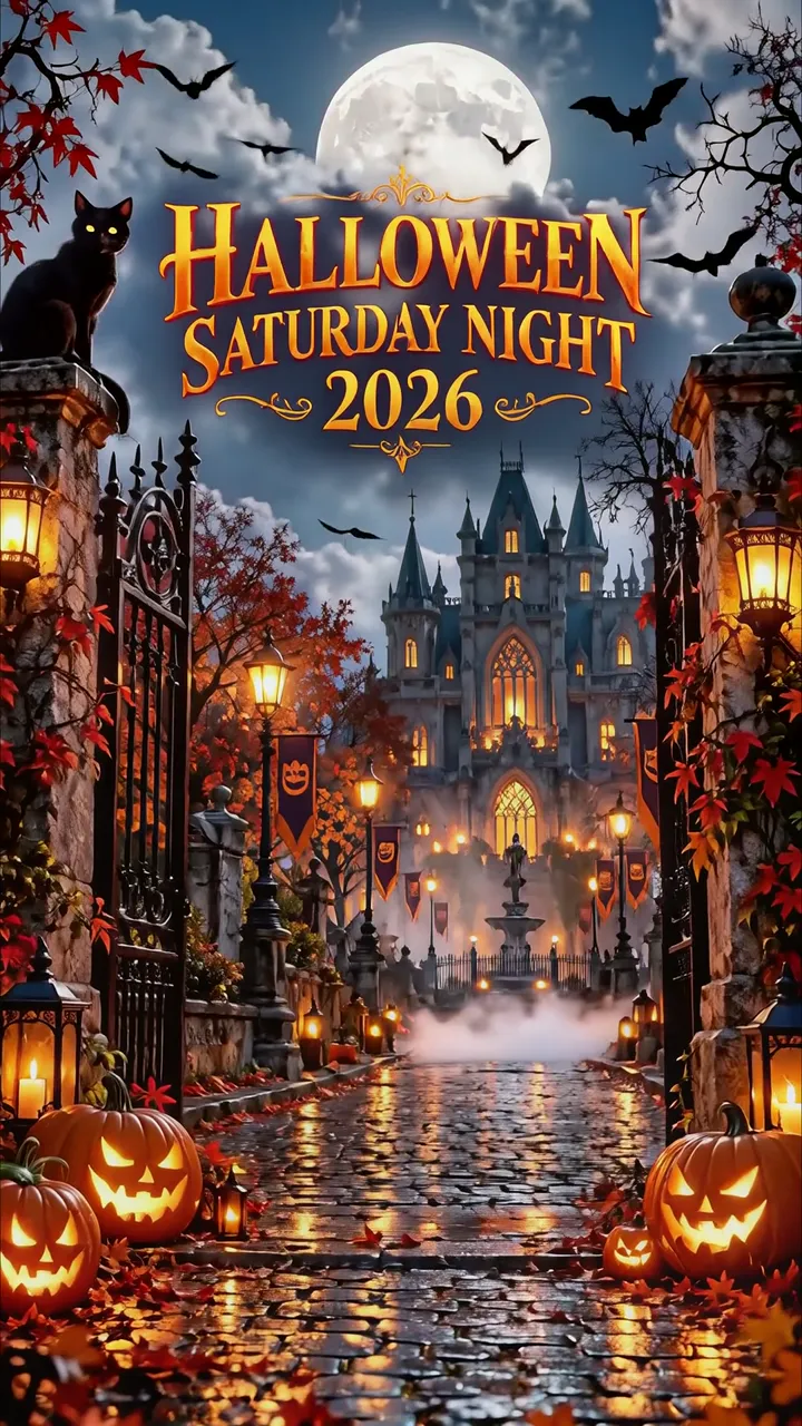 Halloween Saturday Night 2026 Gothic Castle With Pumpkins And Full Moon