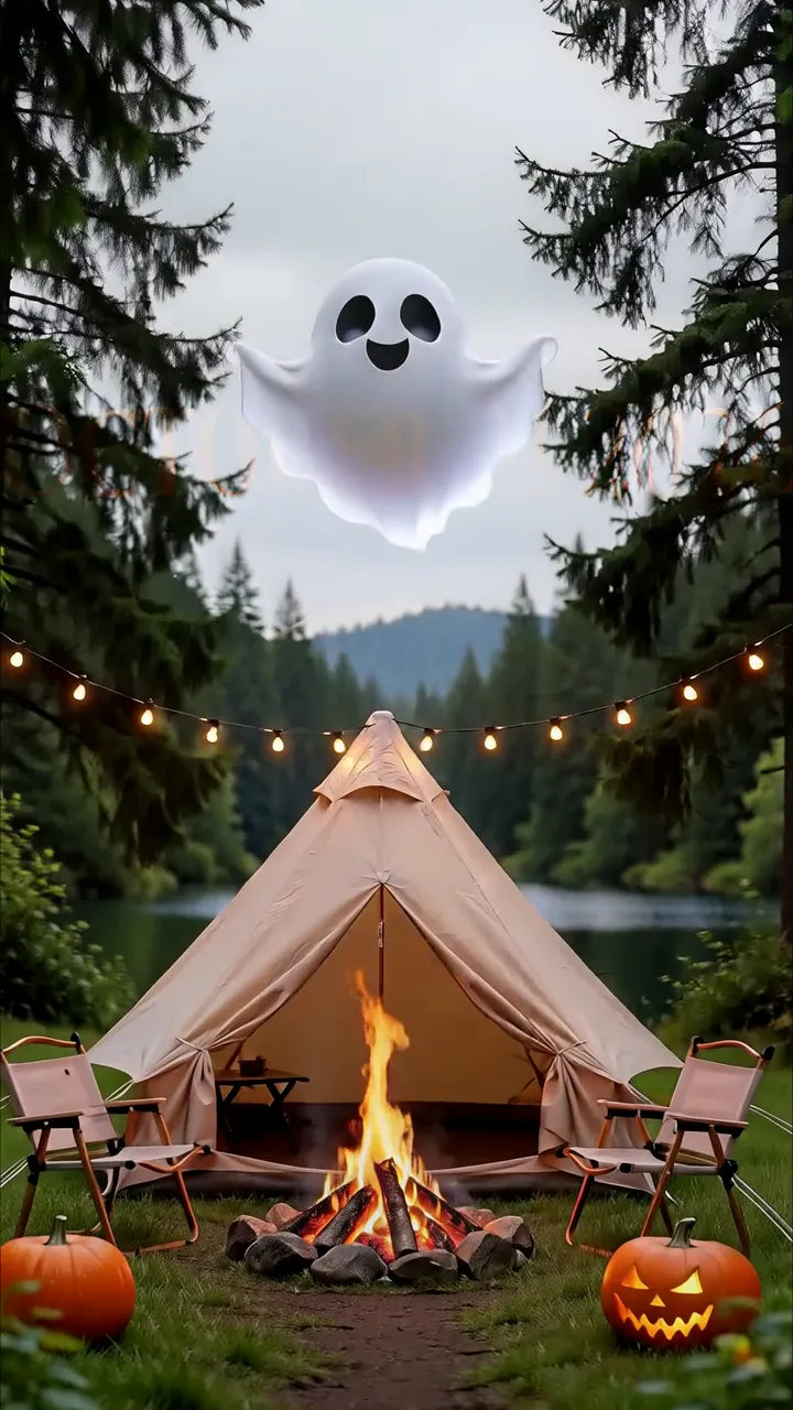 Cute Floating Ghost Halloween Campfire Tent Scene