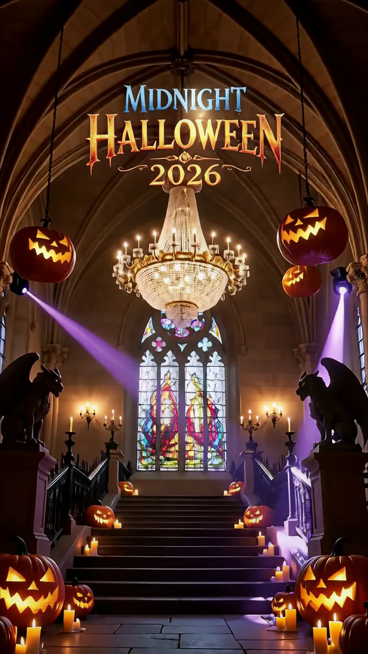Midnight Halloween 2026 Gothic Church With Glowing Pumpkins
