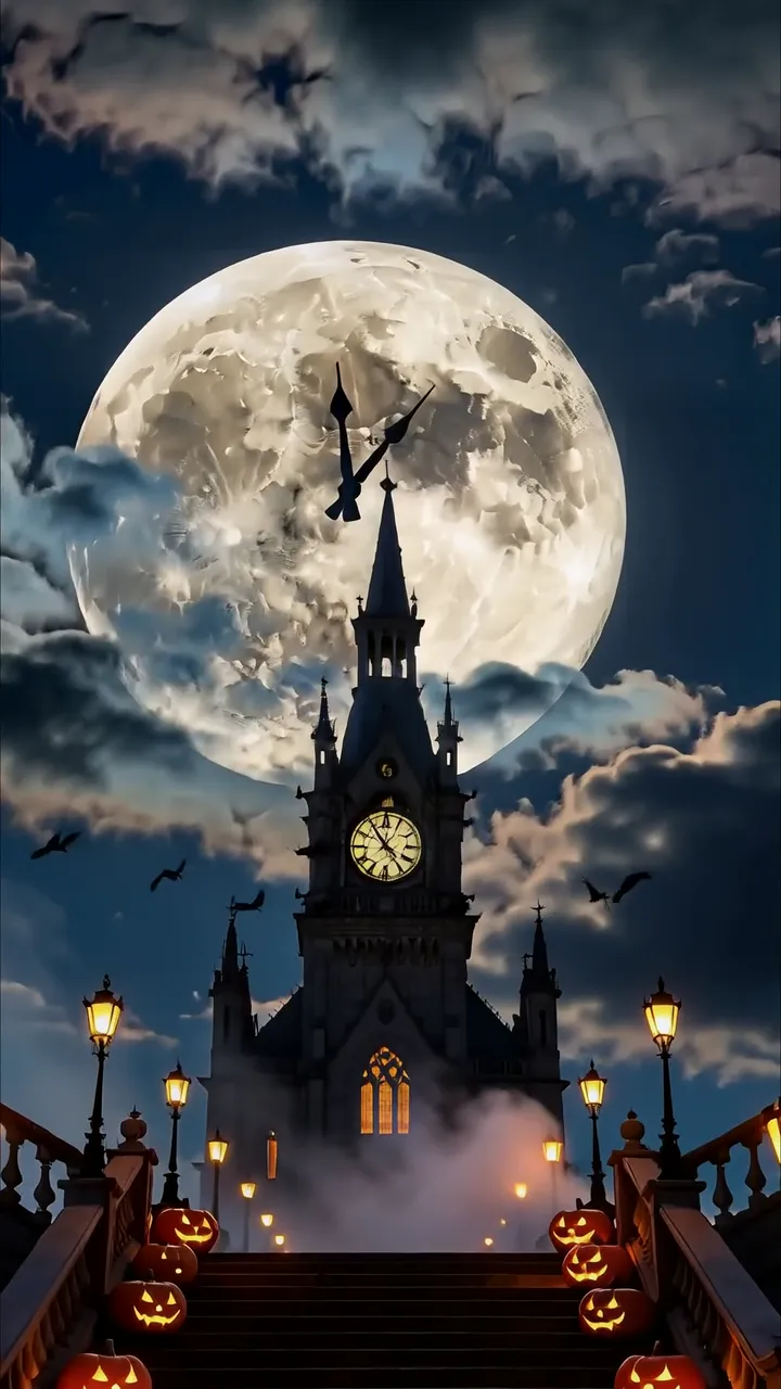 Gothic Clock Tower Under Haunting Full Moon With Flying Bats