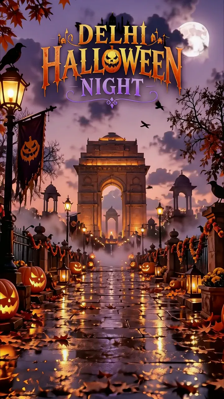 Delhi Halloween Night At India Gate With Pumpkins And Moon