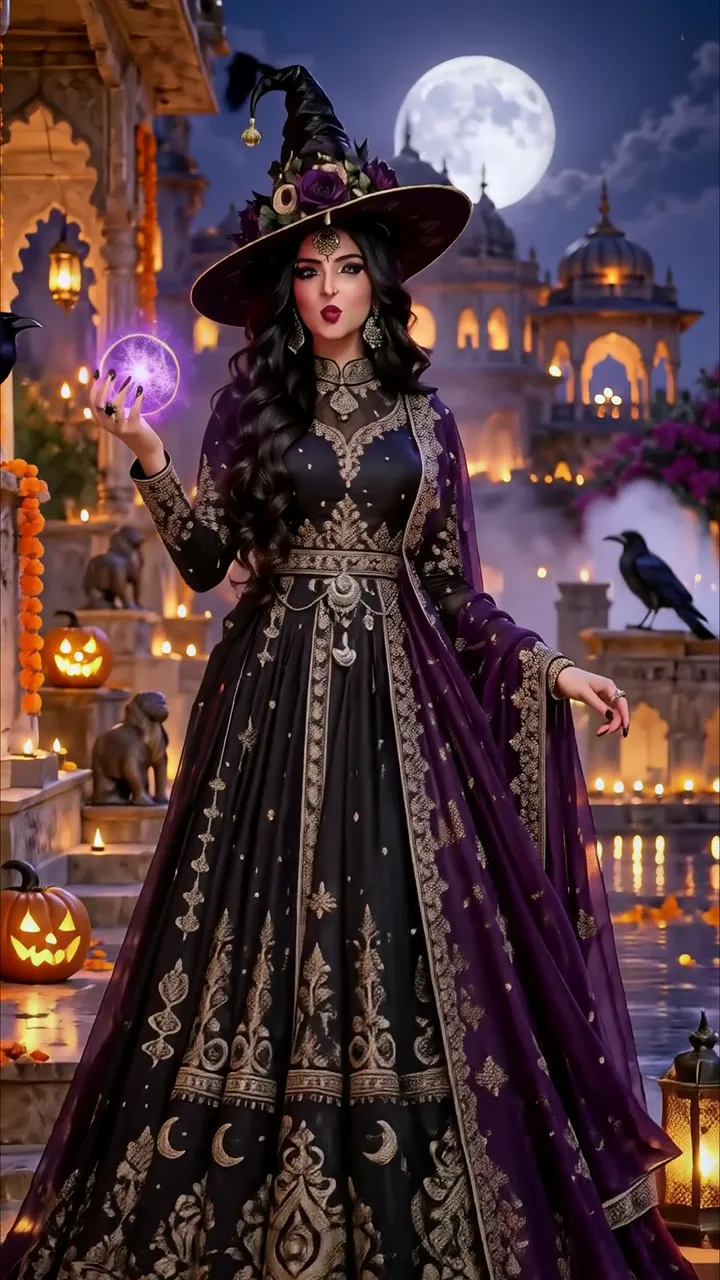 Elegant Witch In Purple Anarkali With Moon And Pumpkins