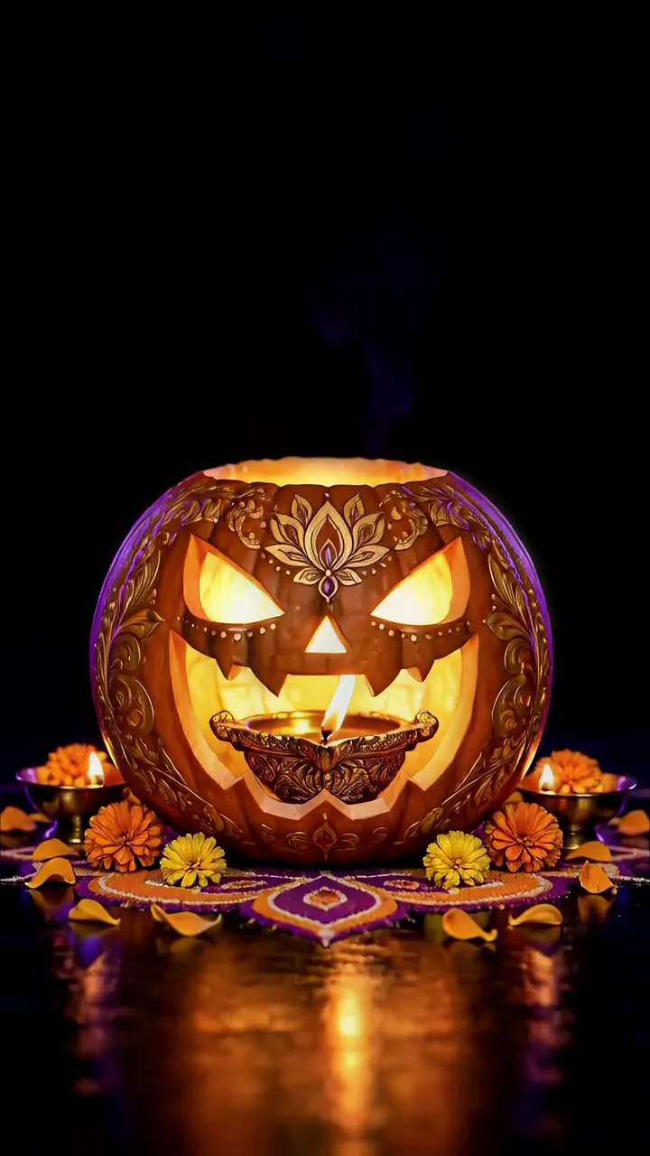 Decorative Pumpkin With Diya And Marigold Festival Scene