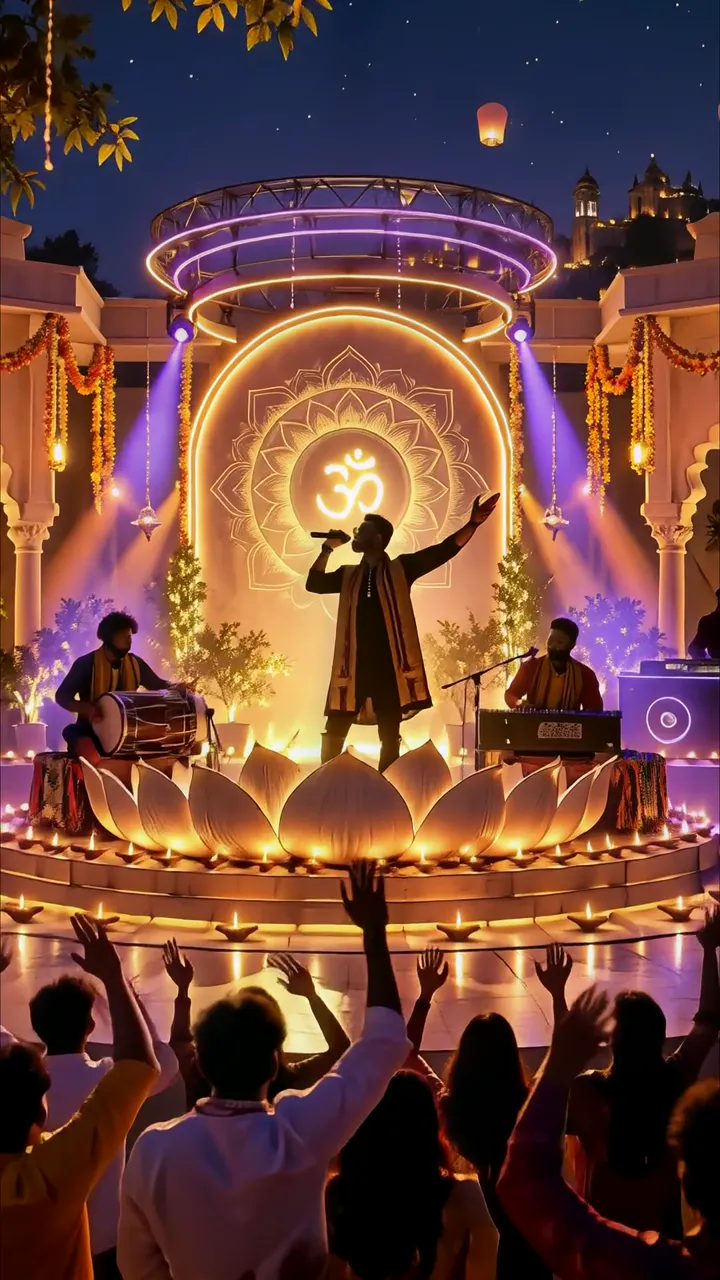 Devotional Singer Performing With Om Symbol And Lotus Stage