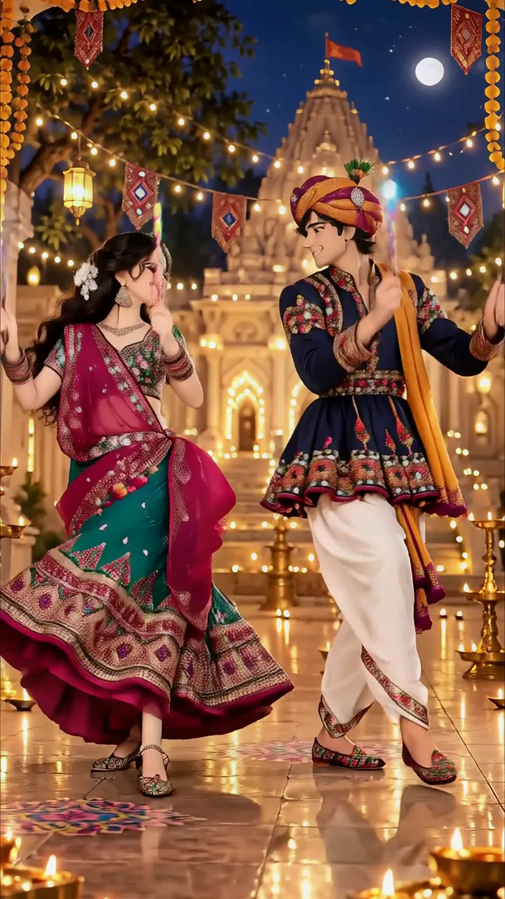 Romantic Couple Dancing Under Moonlight At Temple