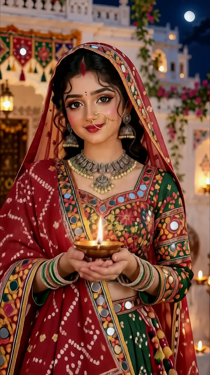 Traditional Indian Bride Holding Diya During Diwali Night
