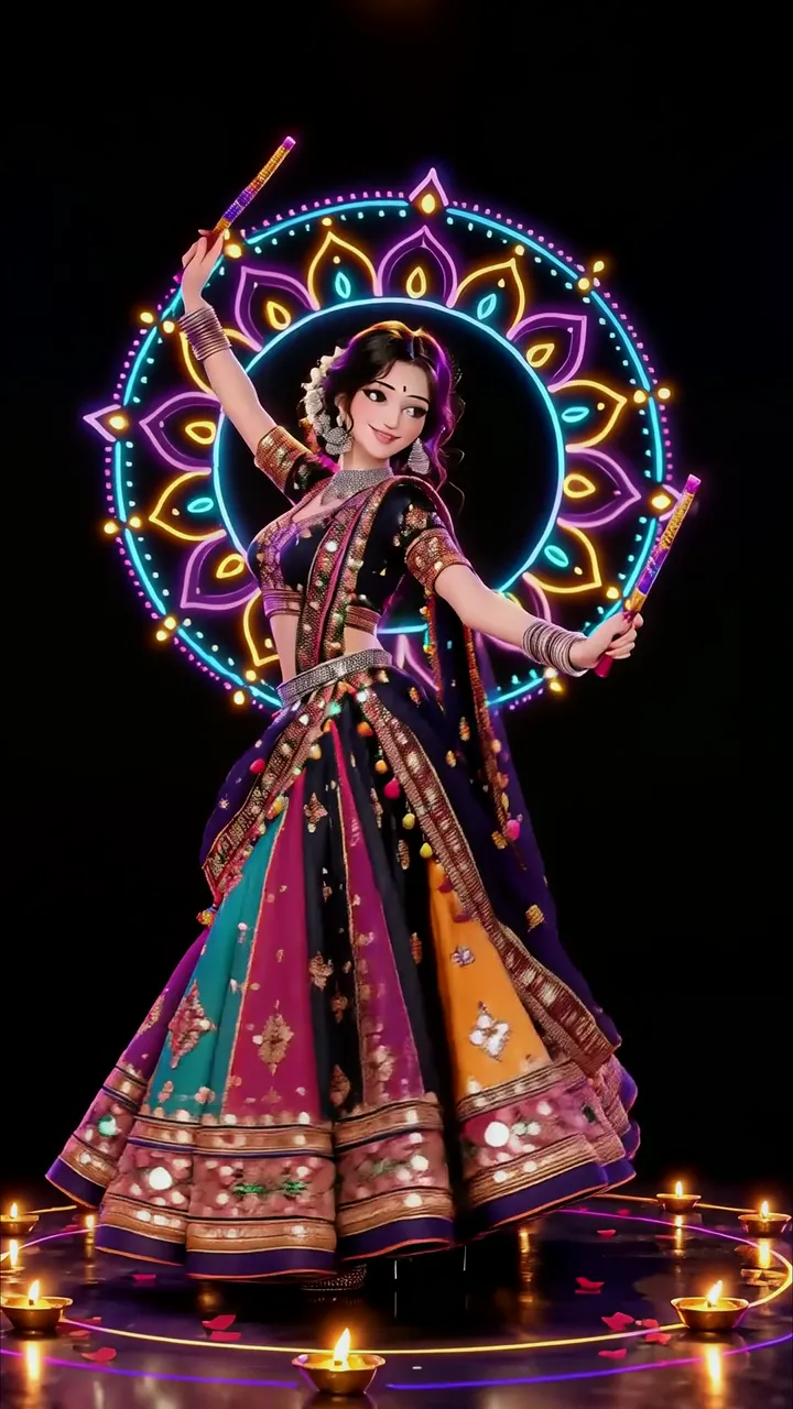 Dussehra Festival Animated Girl With Neon Mandala And Diya Lights