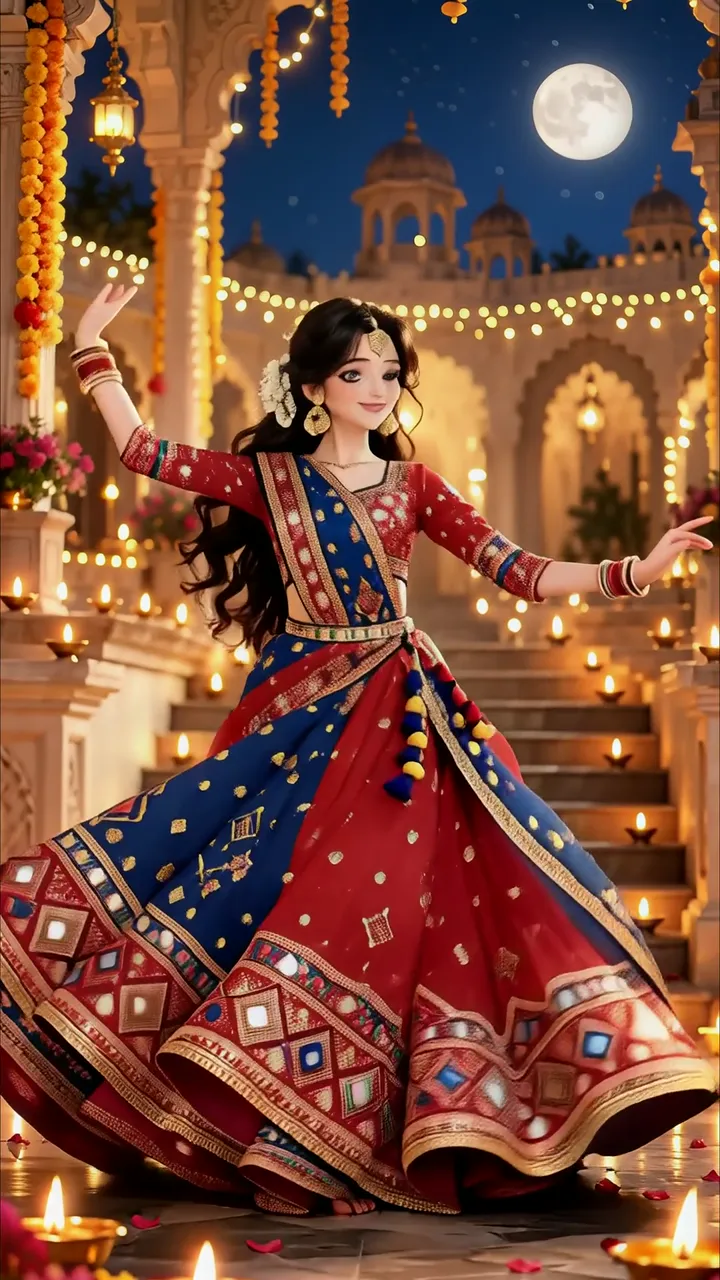 Anime Girl Dancing In Traditional Indian Lehenga Under Moonlight