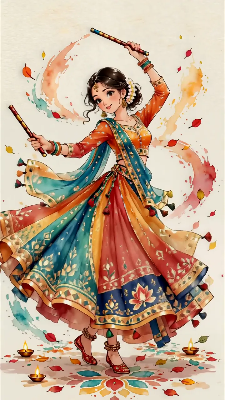 Anime Girl Dancing With Diwali Lights And Colorful Lehenga