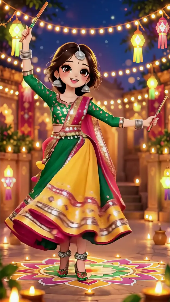 Anime Girl Dancing In Diwali Festival With Lanterns And Rangoli