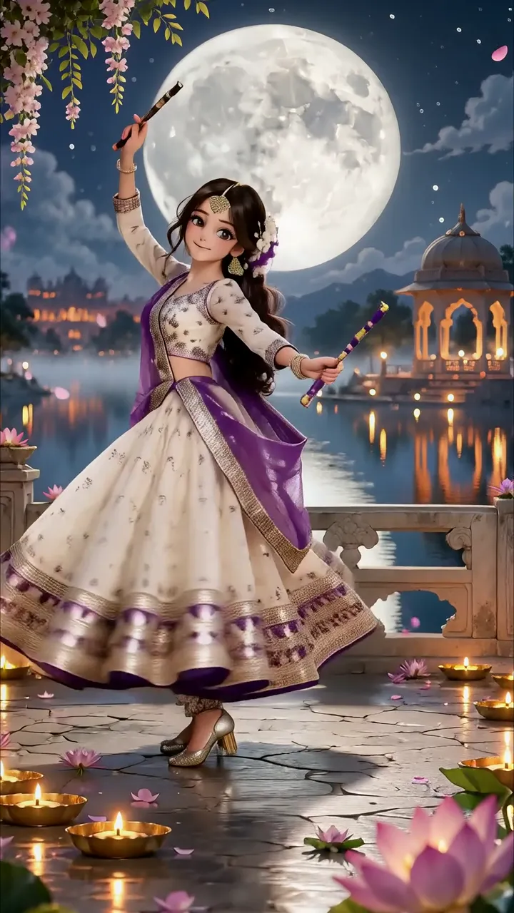Anime Girl Dancing Under Full Moon With Lotus And Diwali Candles