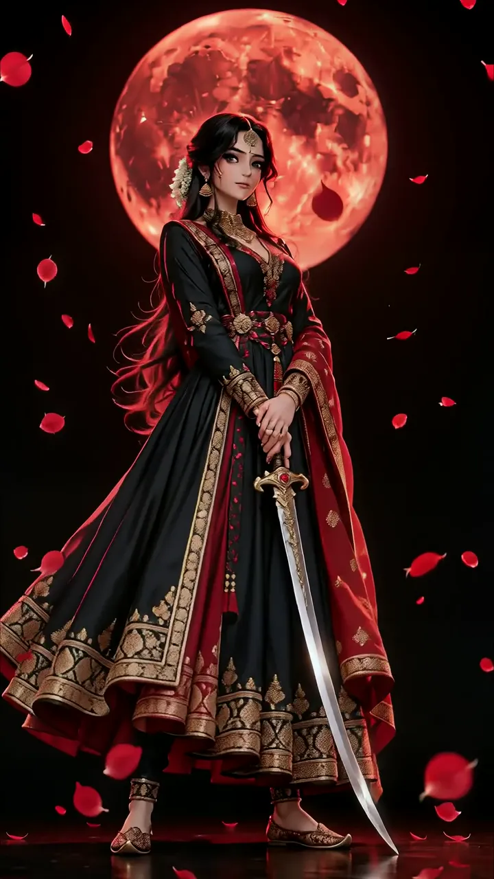 Mysterious Anime Girl With Sword Under Blood Moon And Falling Roses
