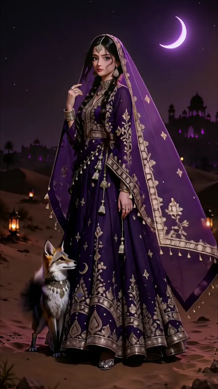 Purple Lehenga Desert Night Scene With Fox And Crescent Moon