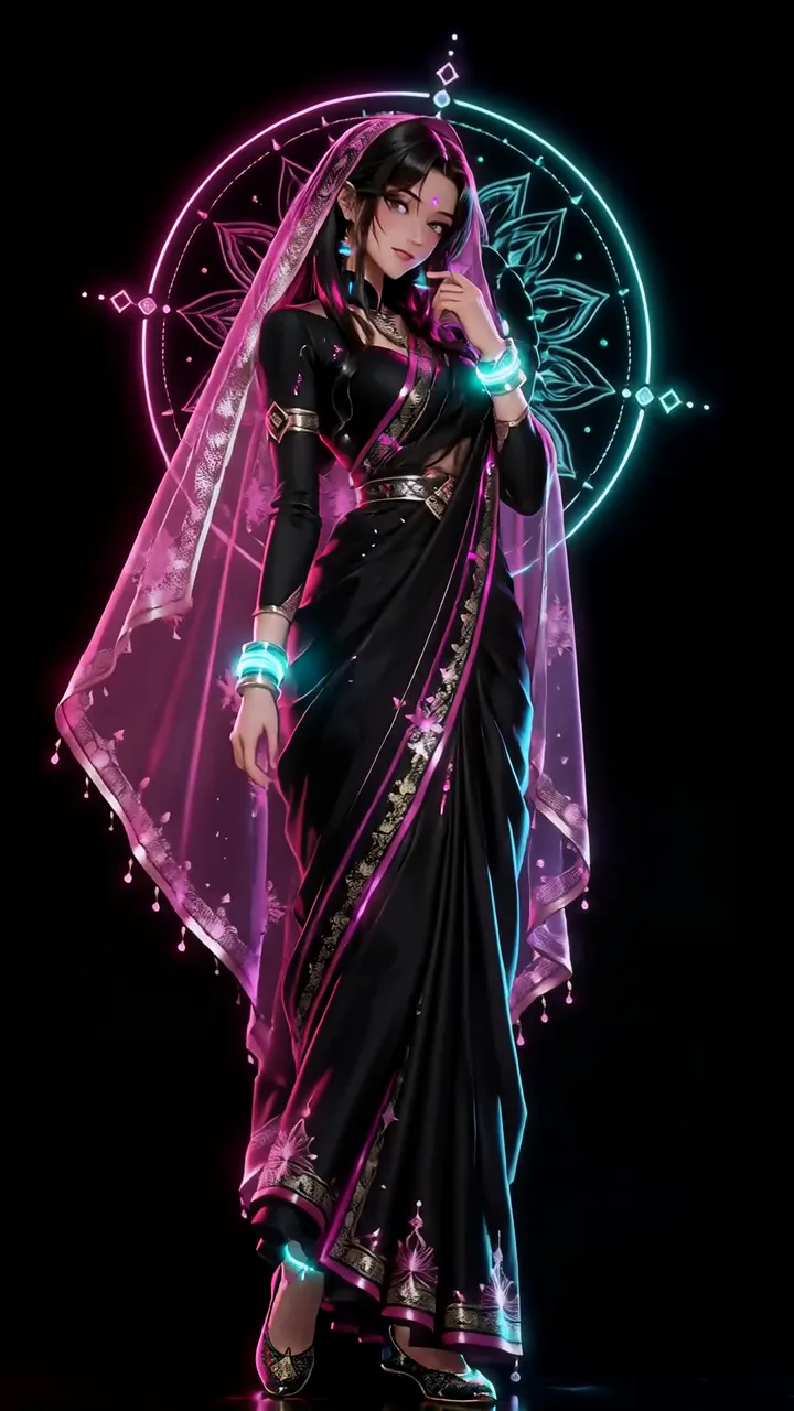 Anime Girl In Black Sari With Neon Pink Aura And Lotus Mandala