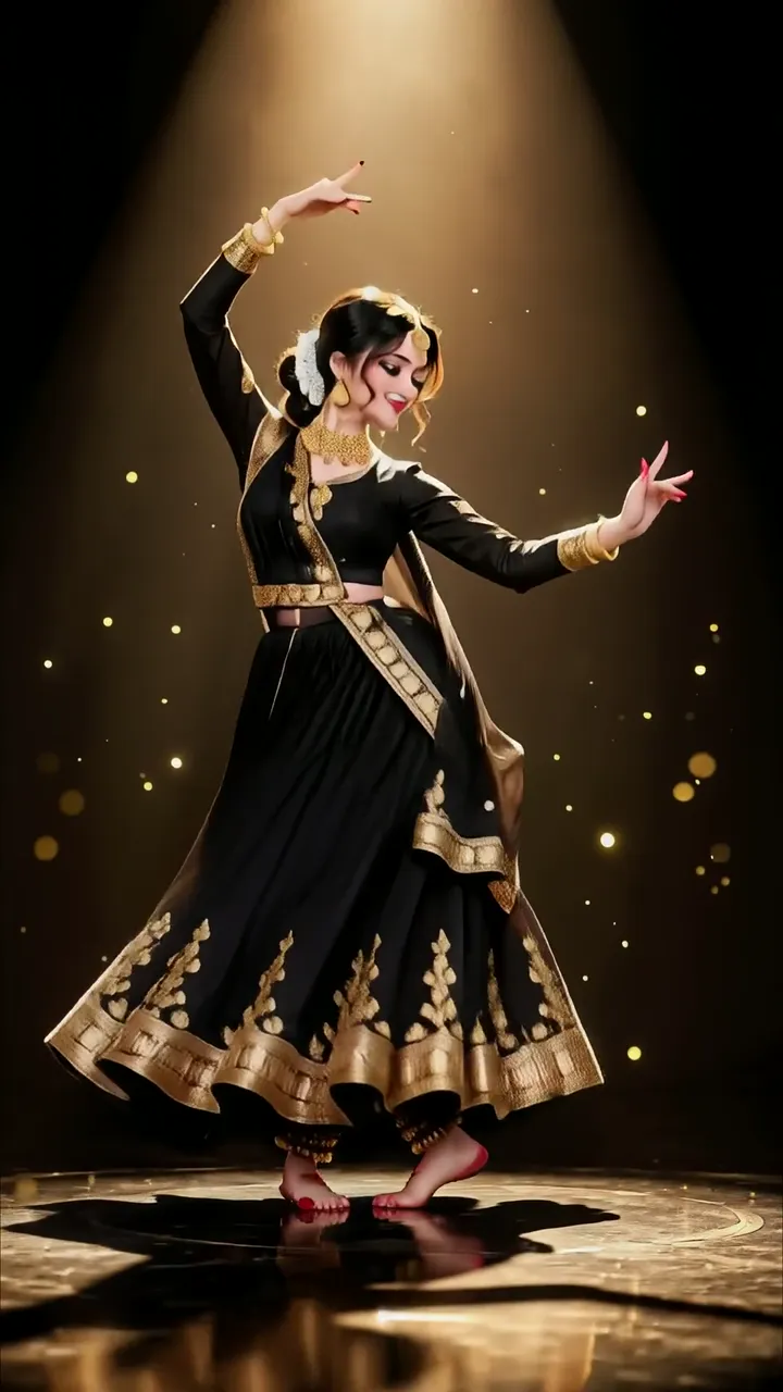 Elegant Indian Dance Performance In Black And Gold Lehenga