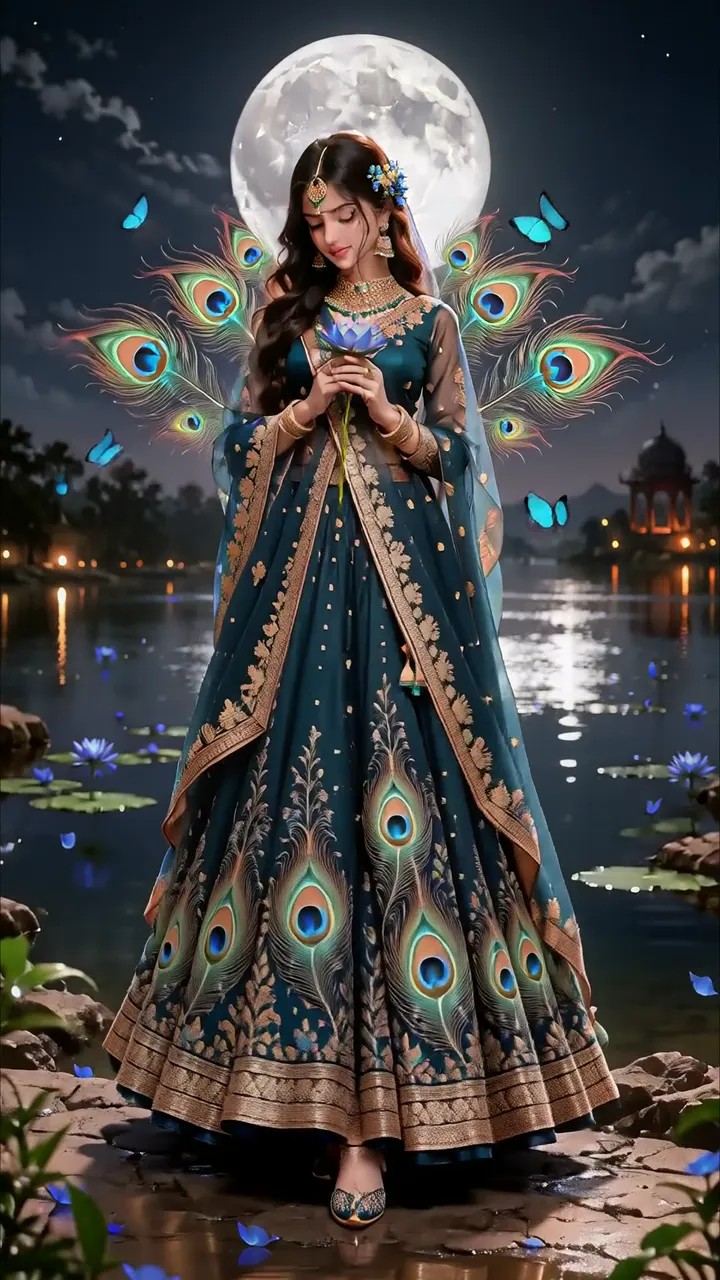 Peacock Feather Goddess Holding Lotus Under Full Moon