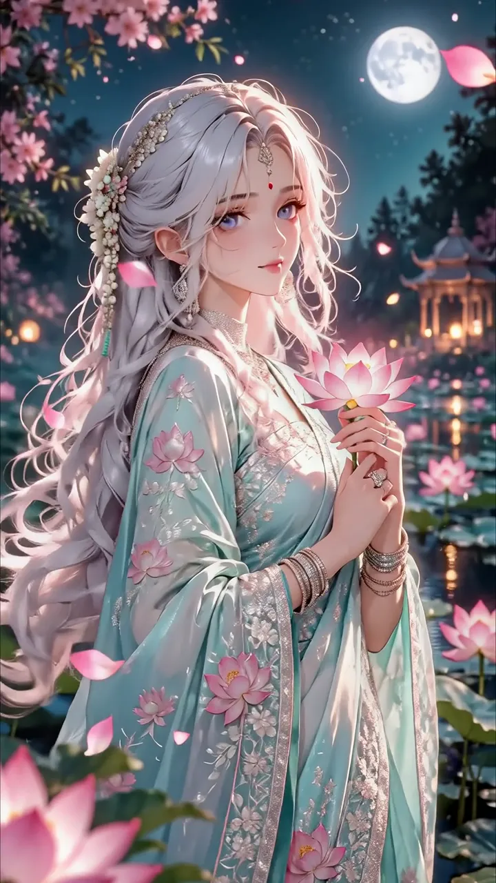 Anime Girl With Silver Hair Holding Lotus Under Moonlight