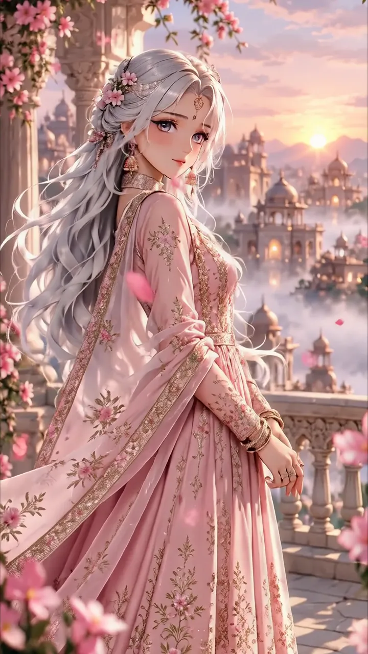 Anime Girl In Pink Traditional Dress With Taj Mahal Sunrise Background