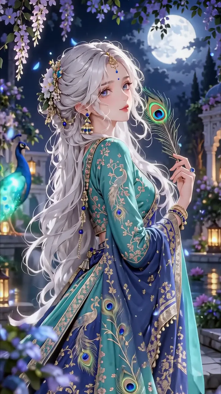 Anime Girl With Peacock Feather And Moonlit Garden