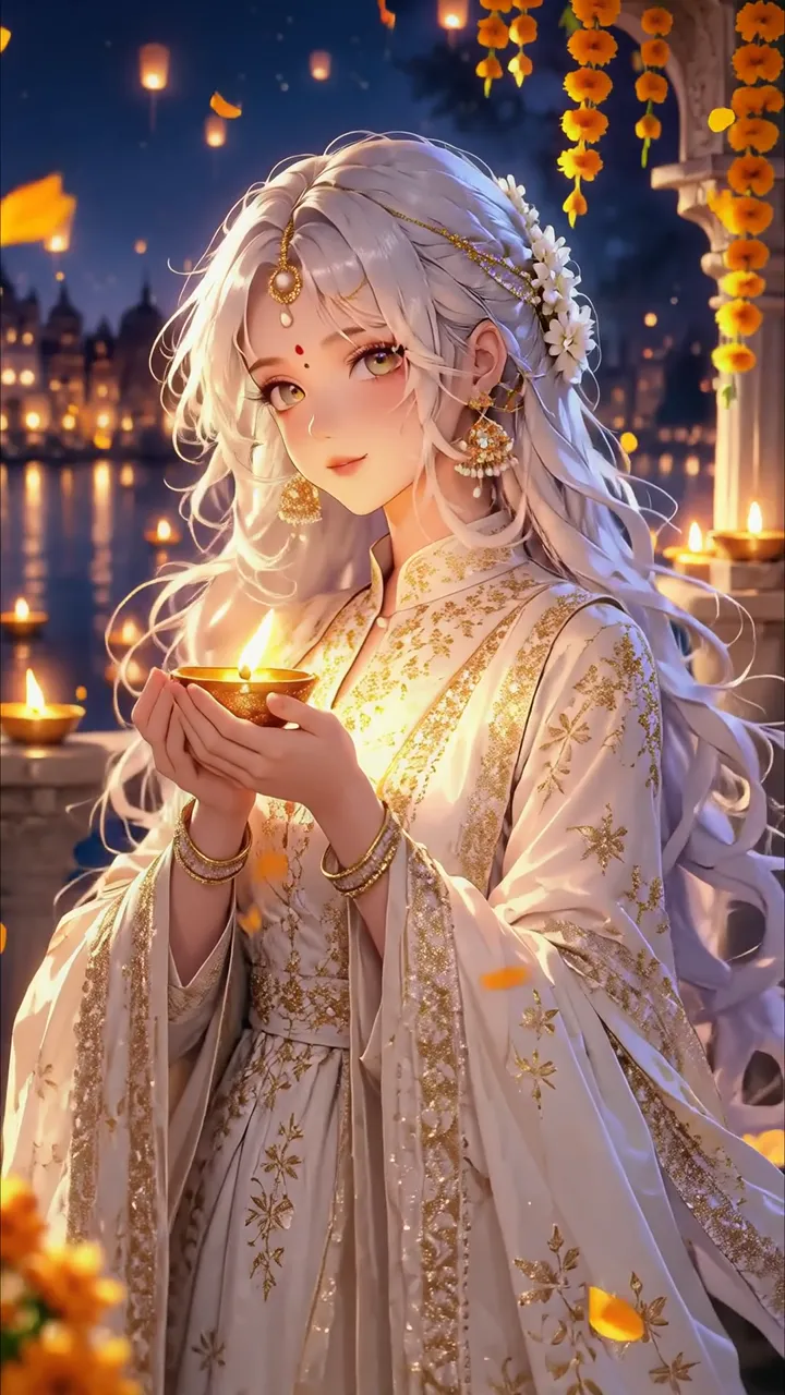 Anime Girl Holding Diya Candle During Diwali Festival