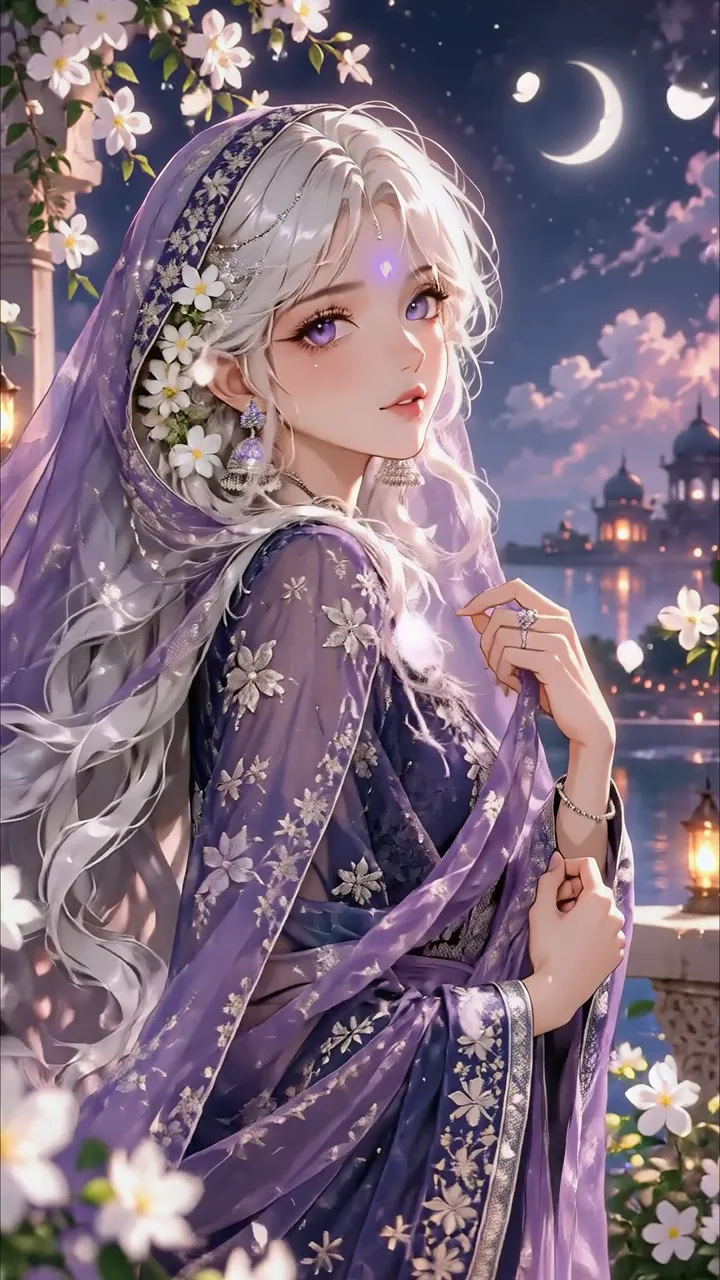 Anime Girl With Silver Hair And Purple Eyes In Moonlit Temple Scene