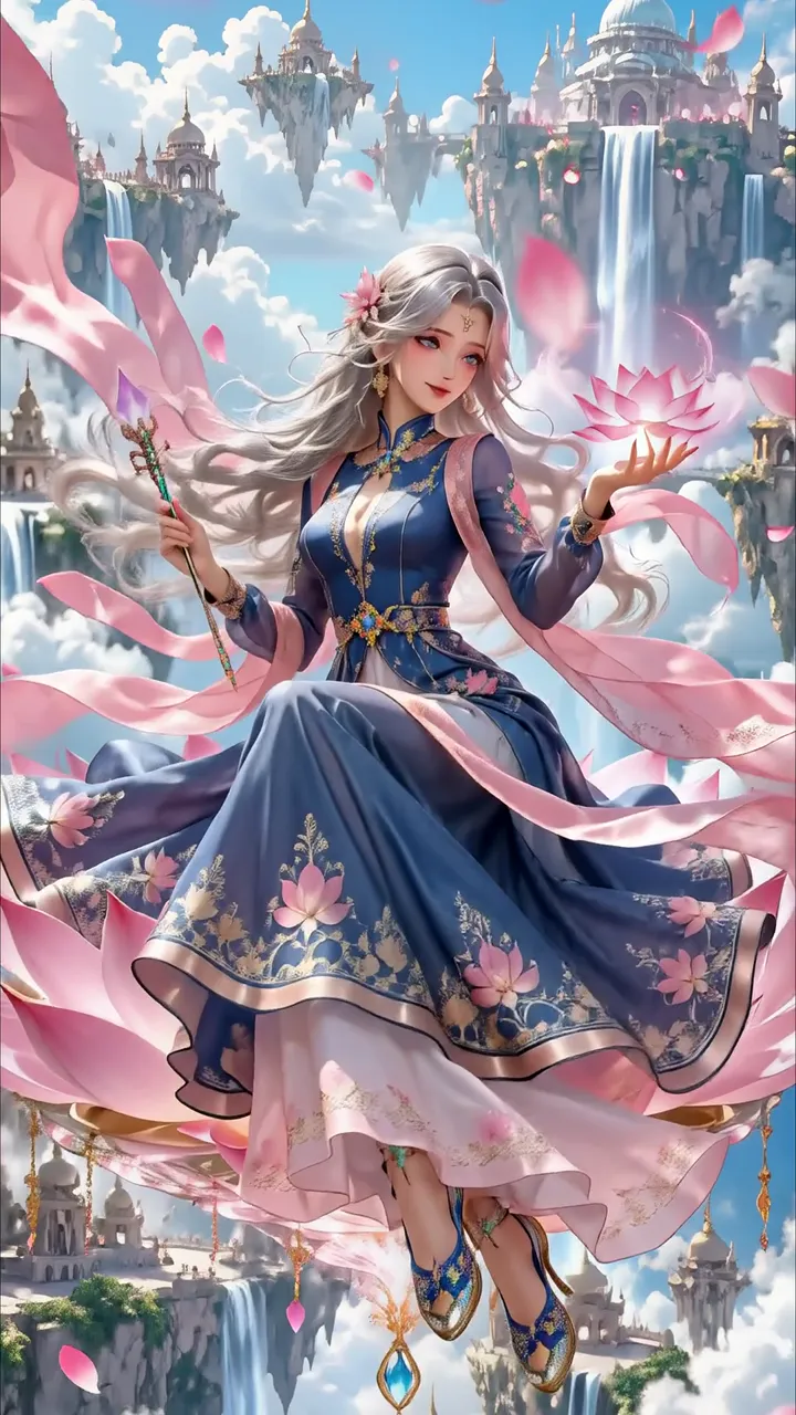 Elegant Floating Goddess With Lotus And Floating Castle