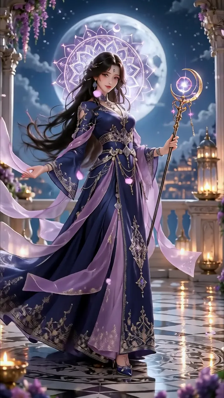 Mystical Moon Goddess With Crescent Staff And Purple Aura