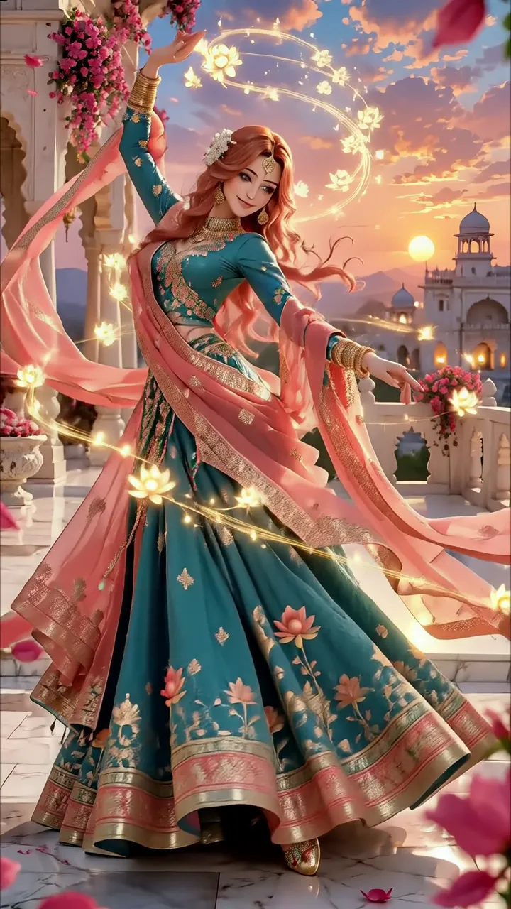 Graceful Indian Woman Dancing With Lotus Aura At Sunset