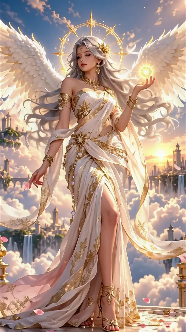 Celestial Angel With White Wings And Golden Halo Holding Sun