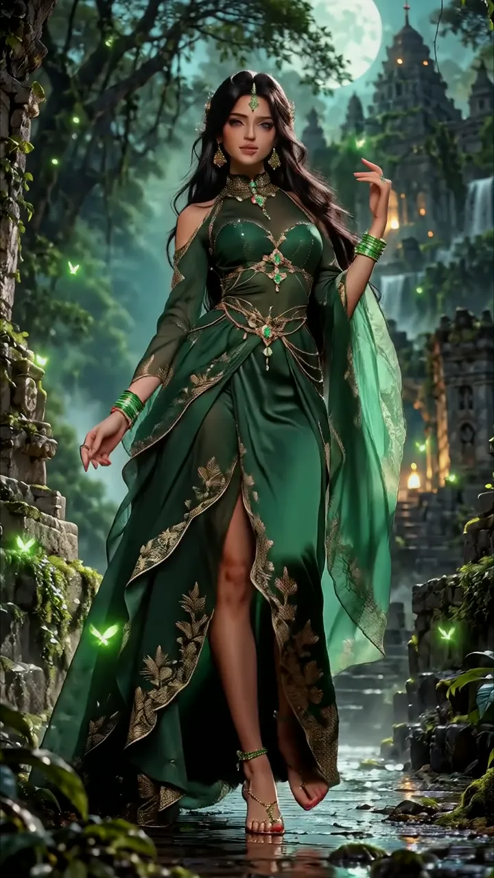 Mystical Green Goddess In Ancient Temple Forest