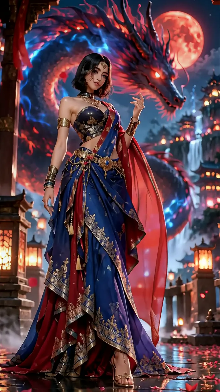 Mystical Dragon Goddess With Red And Blue Aura Under Blood Moon