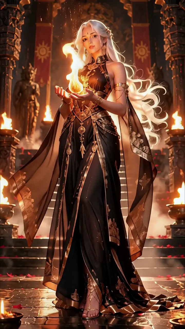 Anime Goddess Holding Fire In Temple With White Hair