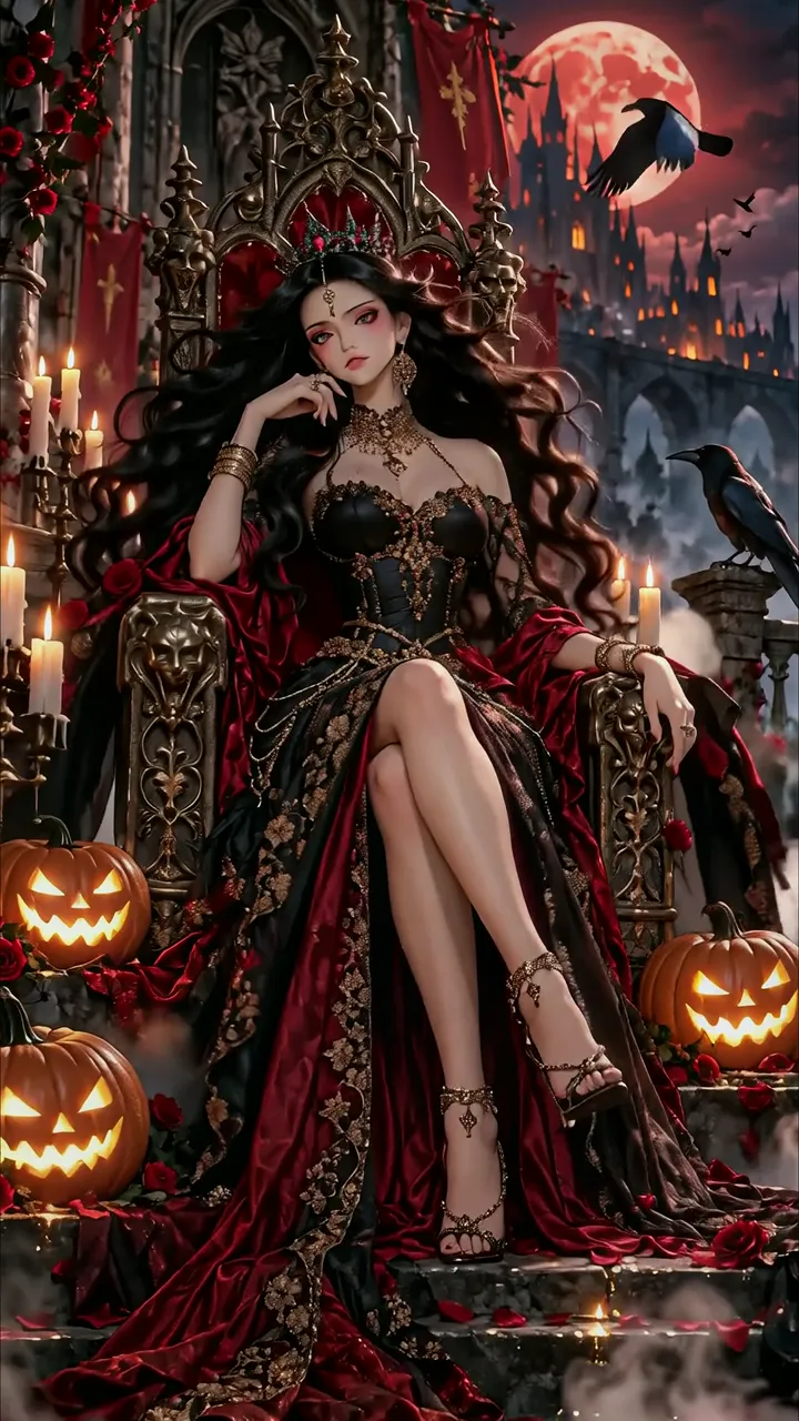 Dark Gothic Queen Seated On Throne With Pumpkins And Blood Moon