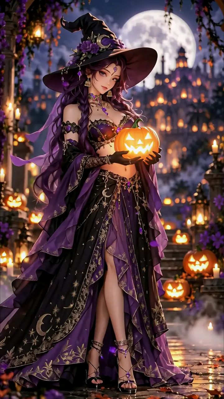 Purple Witch Holding Glowing Pumpkin In Halloween Castle Scene