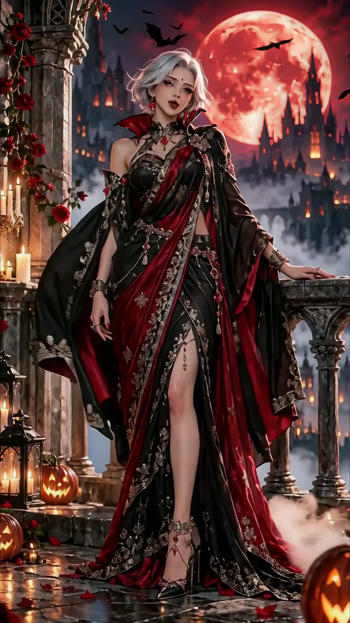 Elegant Vampire Lady In Gothic Castle With Blood Moon