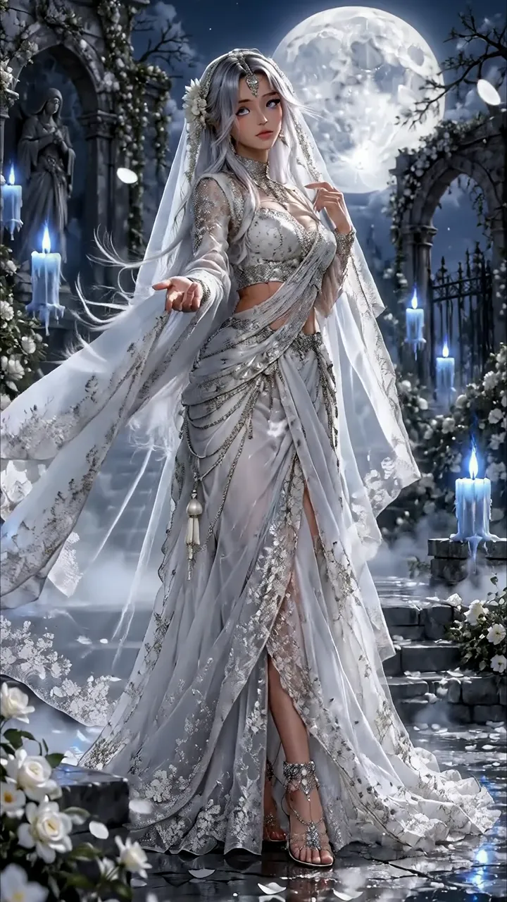 Anime Girl In Silver Sari Moonlit Garden With Blue Candles