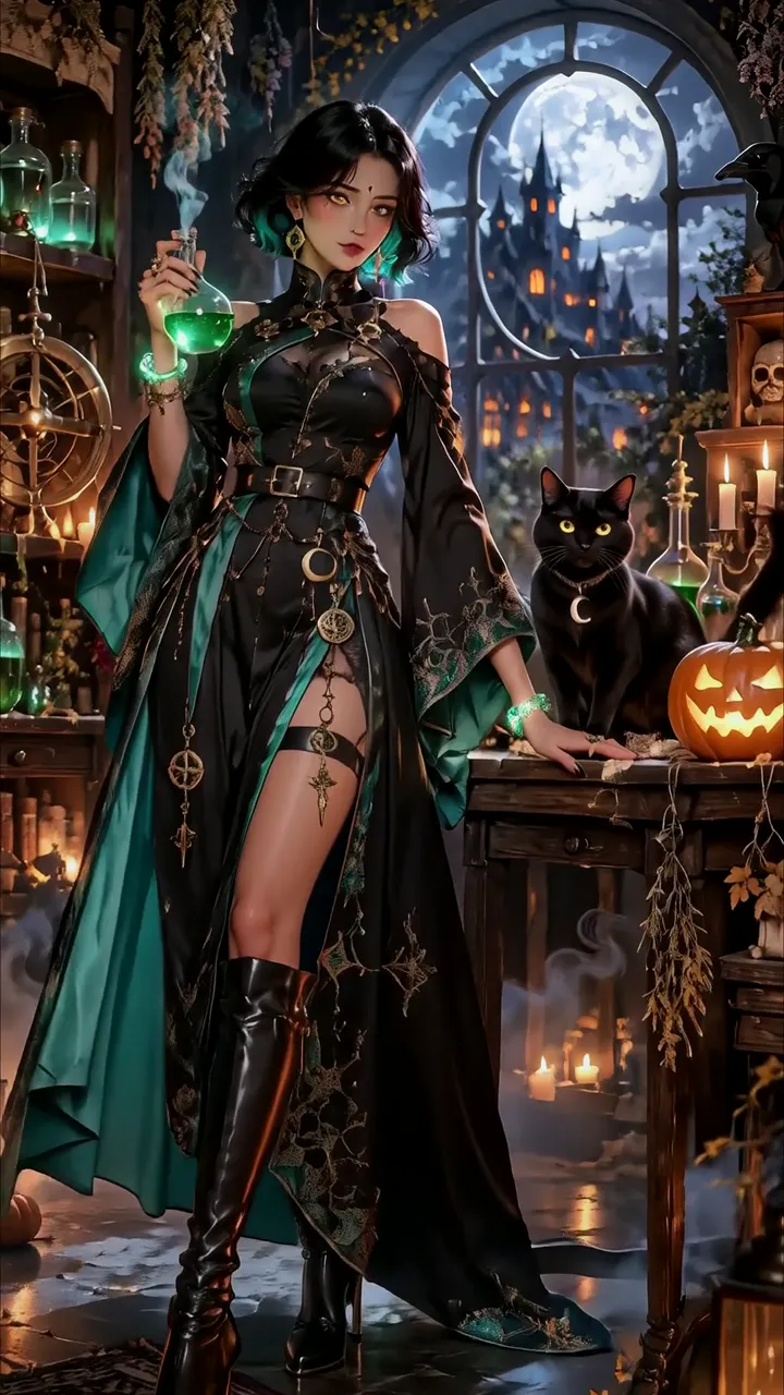 Dark Witch With Green Potion And Black Cat Halloween Scene