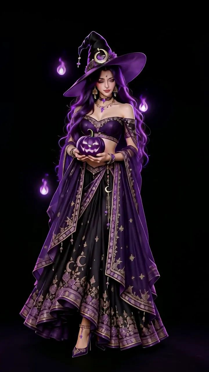 Purple Witch Holding Pumpkin With Glowing Flames Halloween