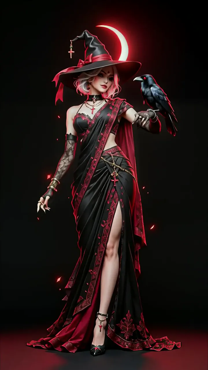 Dark Witch With Raven And Red Moonlight