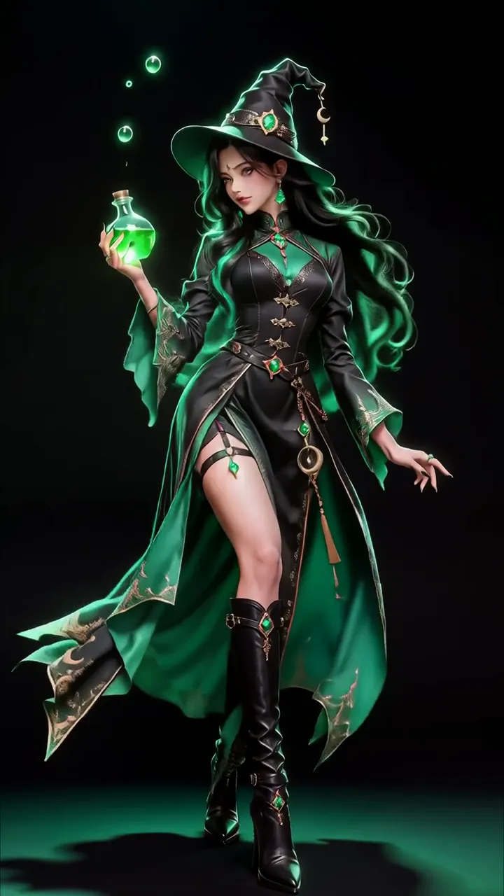 Mysterious Green Witch With Potion And Floating Bubbles