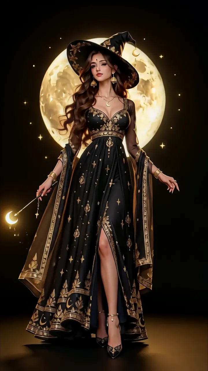 Elegant Witch With Moon Wand And Golden Stars