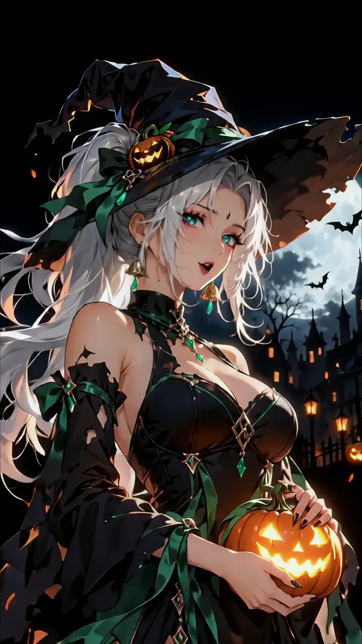 Anime Witch With Pumpkin And Bats Halloween Night Scene