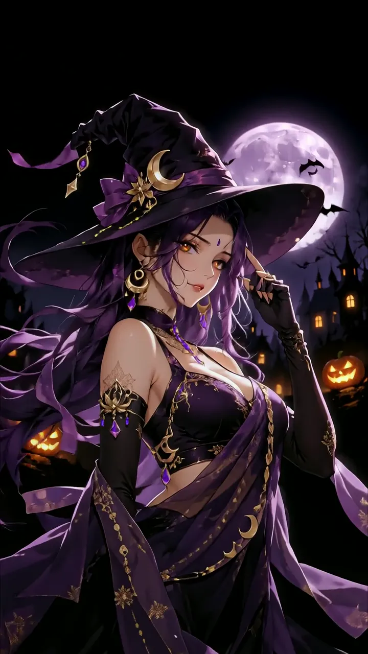 Purple Witch With Moon And Pumpkins Halloween Scene