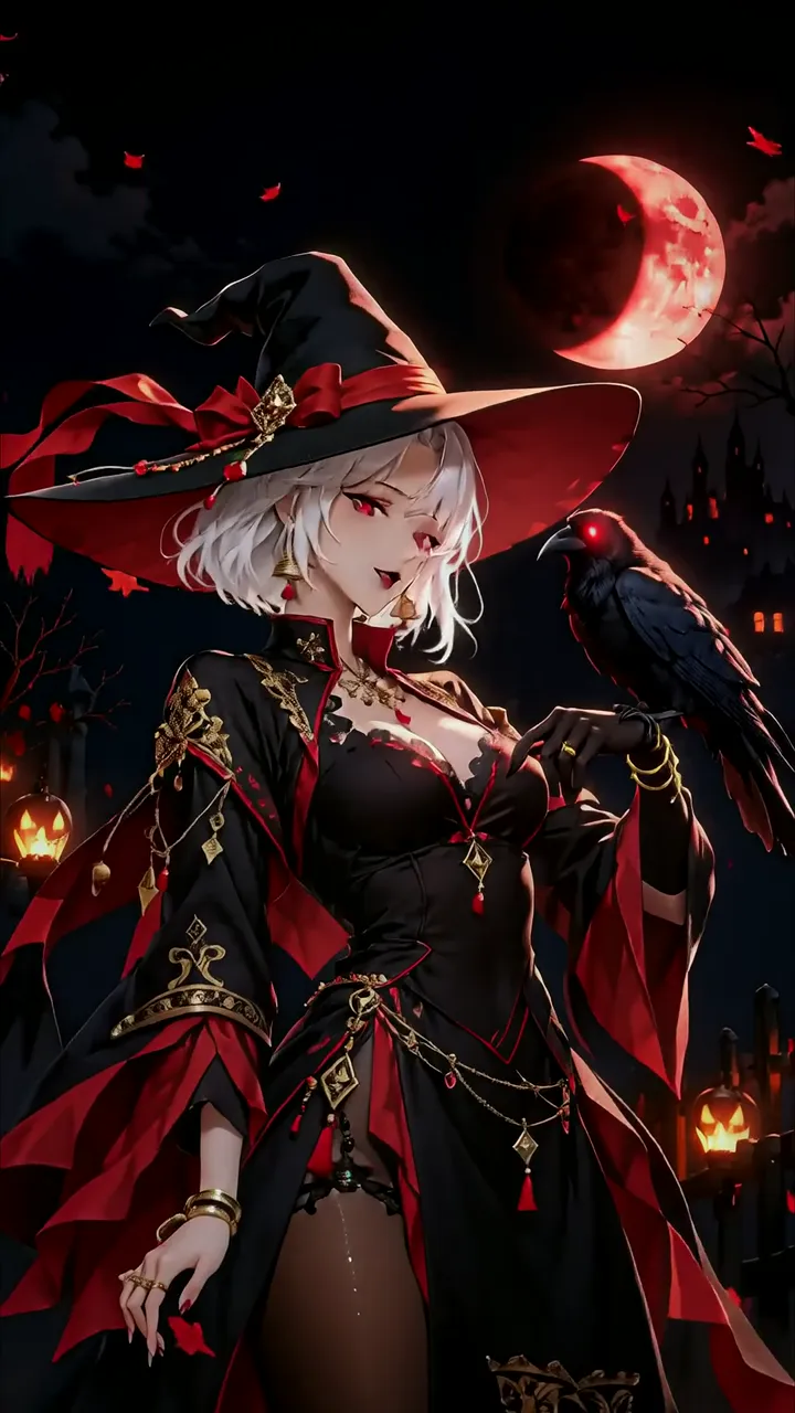 Dark Witch With Raven And Red Moon Halloween Scene