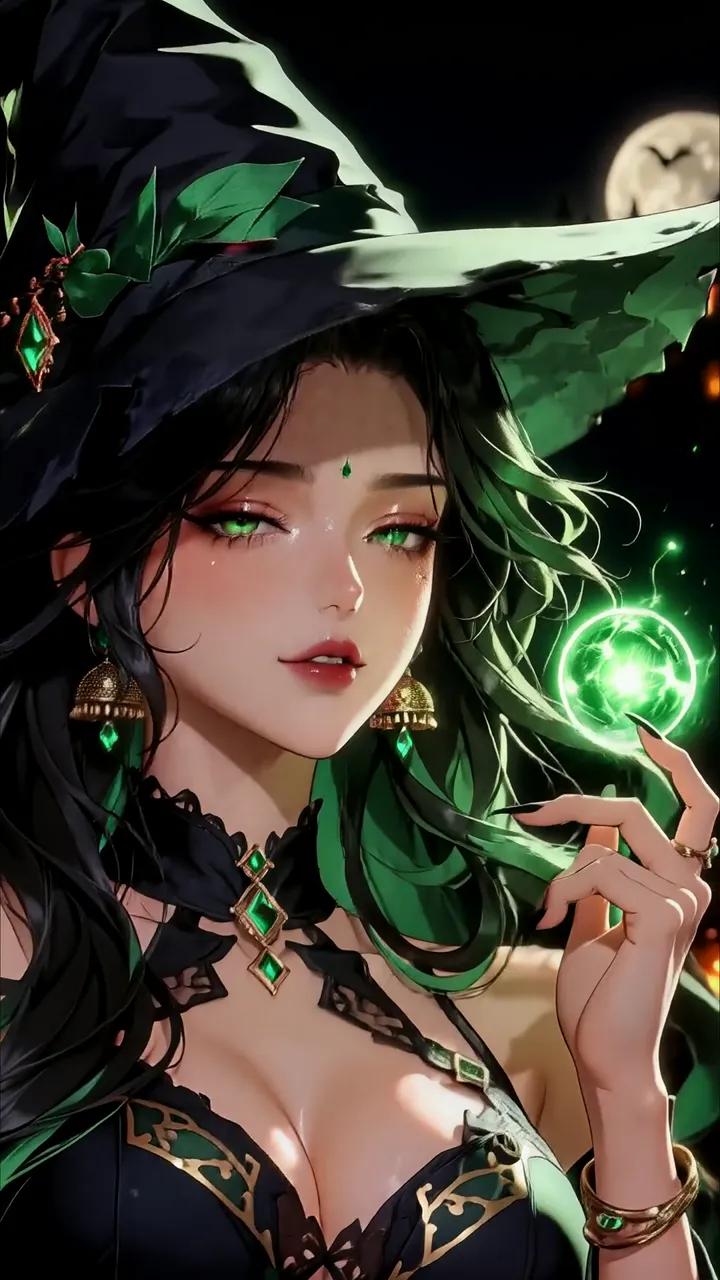 Green-Eyed Witch With Emerald Magic Ball And Moon