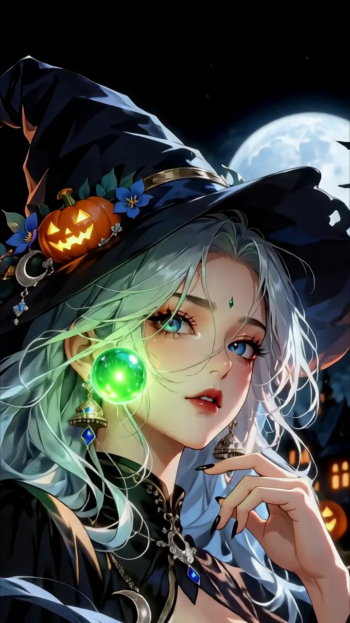 Cute Witch With Pumpkin Hat And Moonlit Halloween Scene