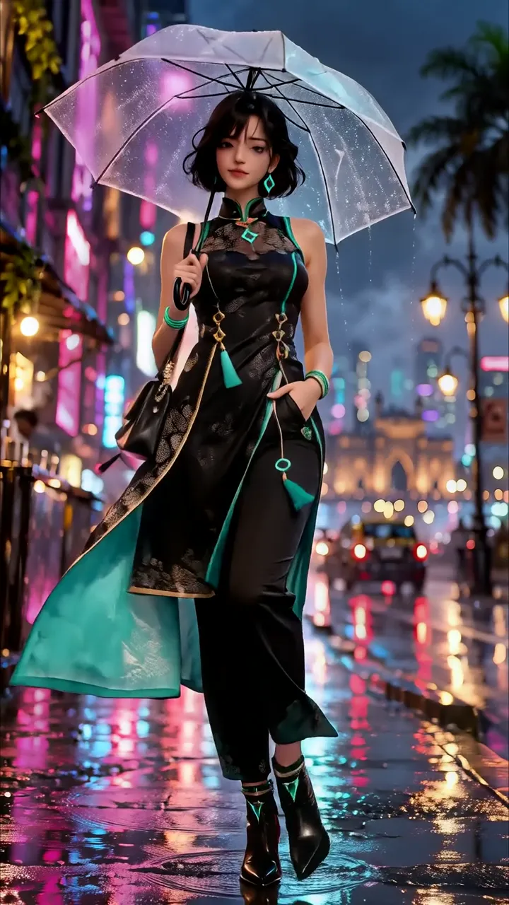 Anime Girl In Rainy Neon City With Transparent Umbrella