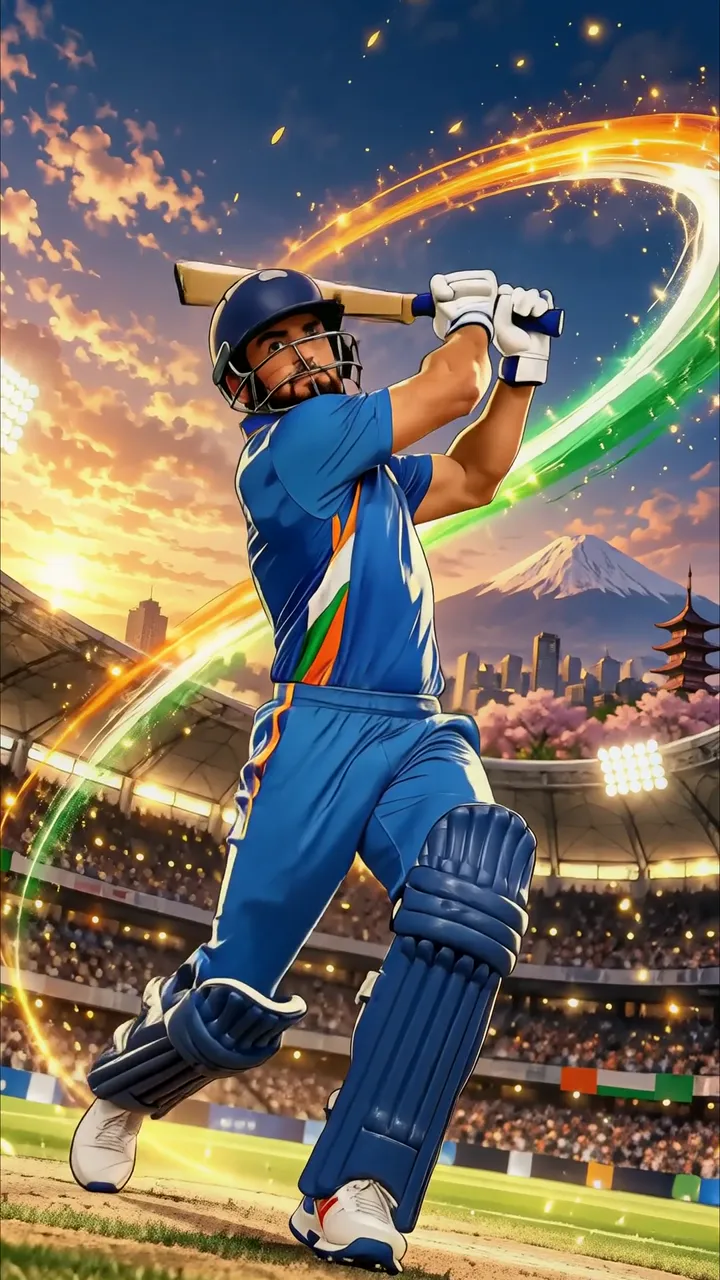 Cricket Player In Blue Uniform With Glowing Energy Swing