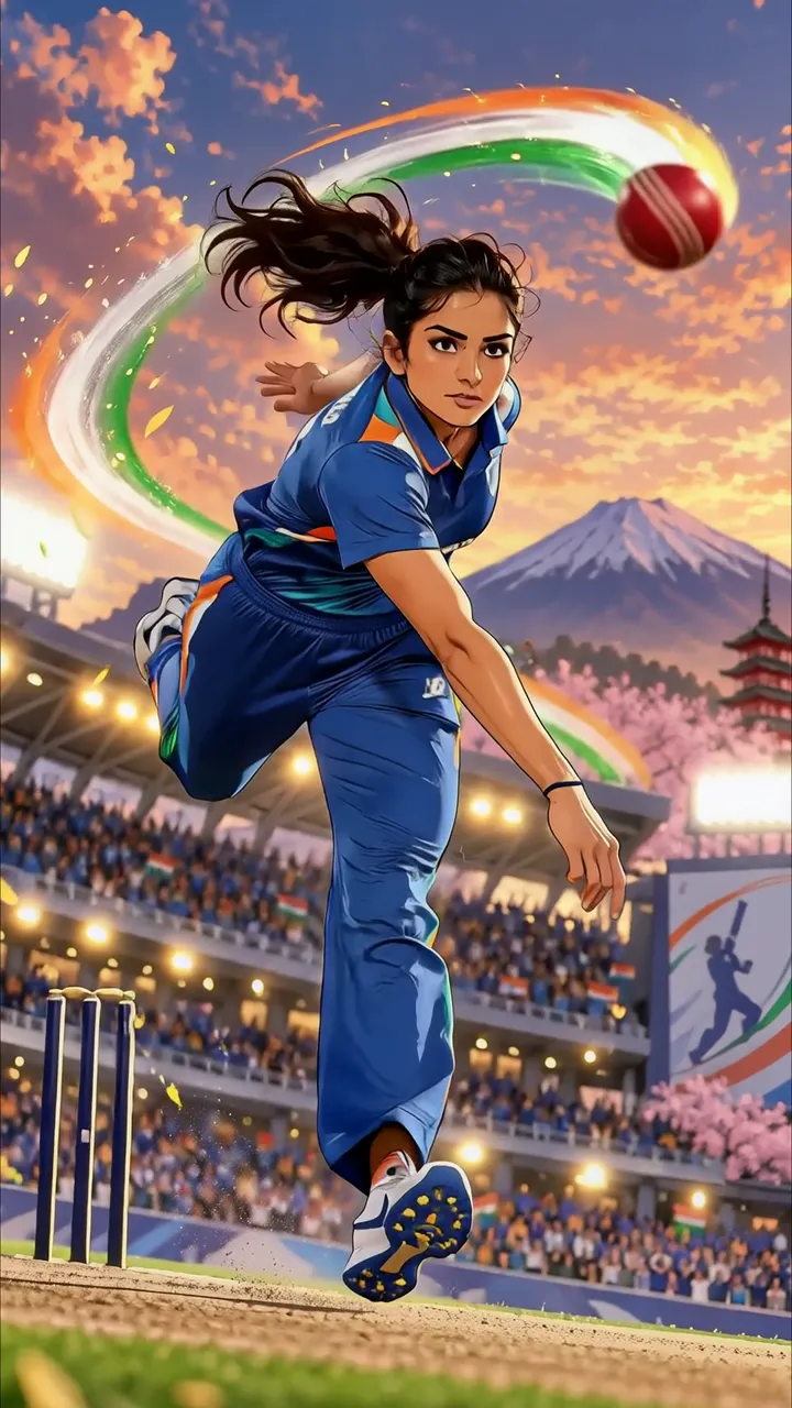 Indian Women's Cricket Bowler In Action With Tricolor Ball Arc